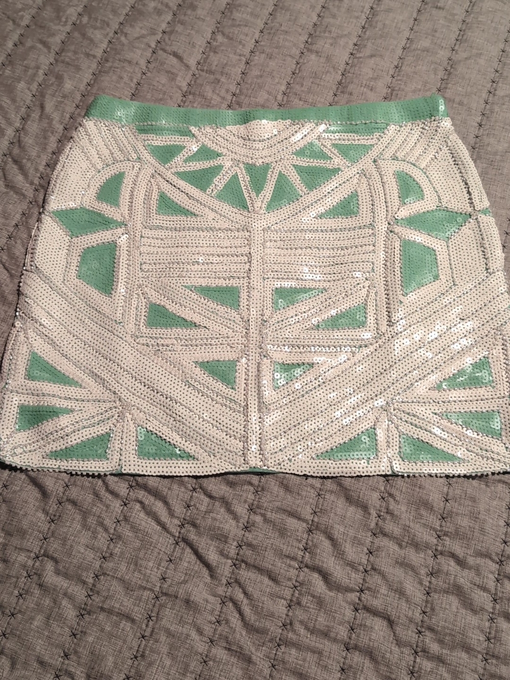 Source Unknown White Sequin Mini Skirt with Mint Green Panels